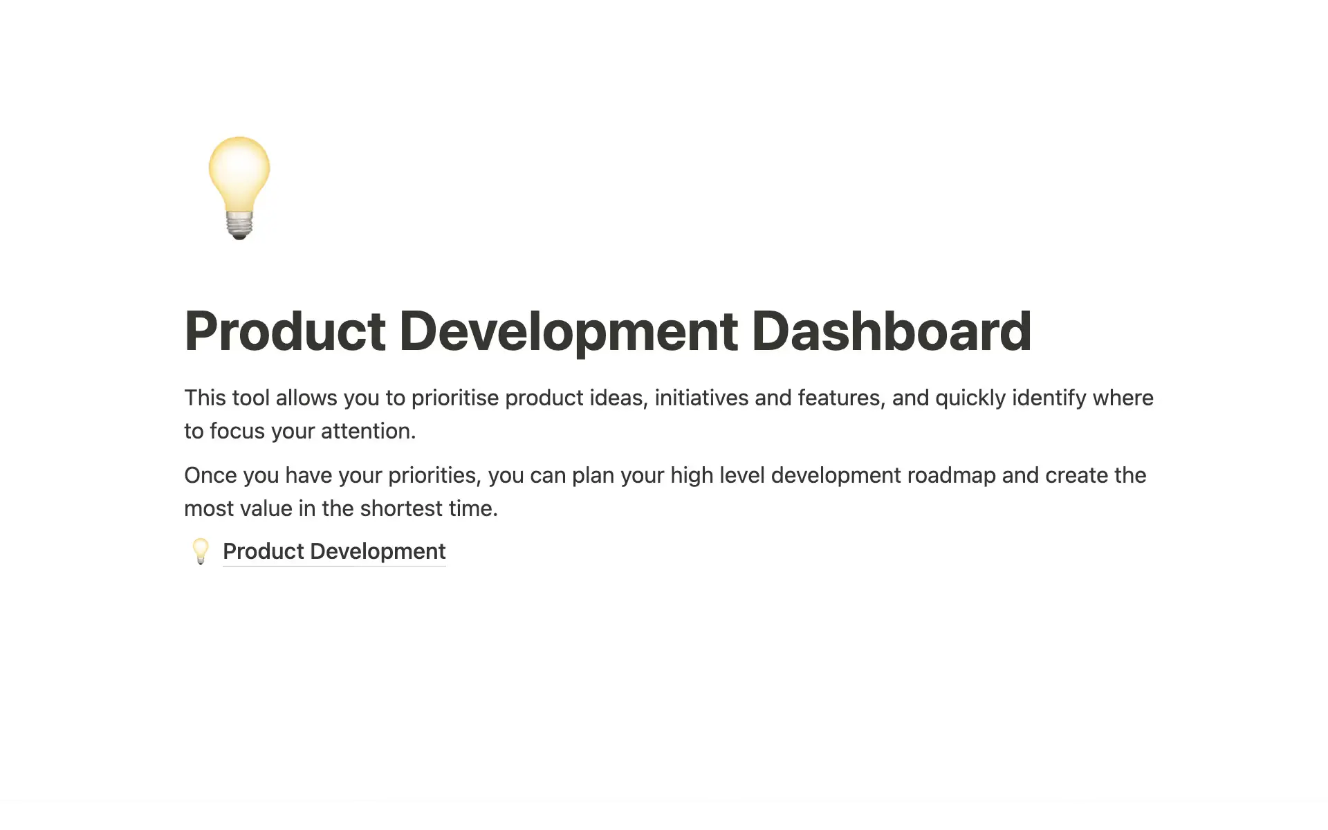 Notion product development dashboard template