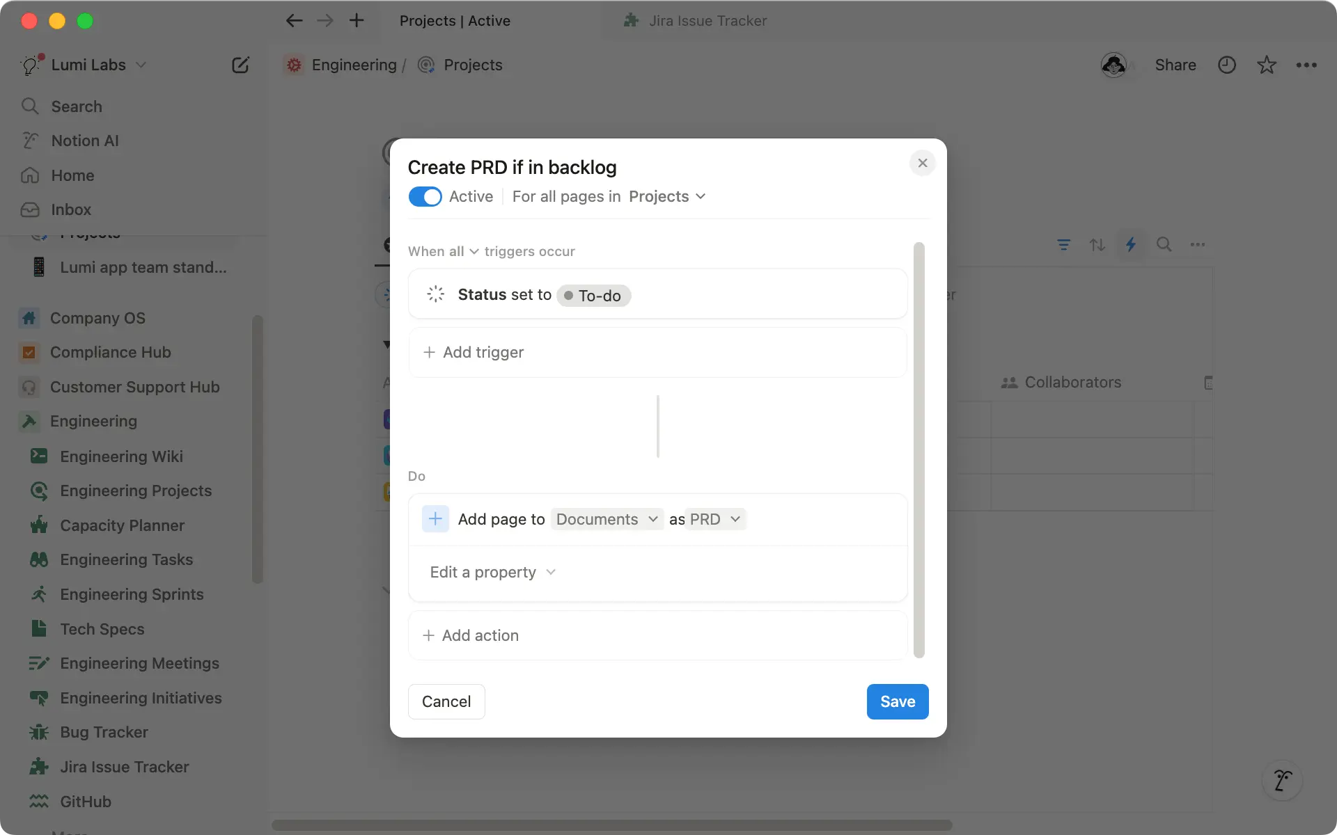 Ajoutez automatiquement une nouvelle page avec un modèle de PRD lorsque quelqu’un crée une nouvelle épopée dans Jira